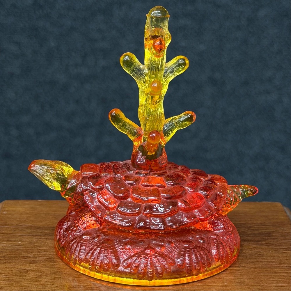 Vintage Fenton Amberina Glass Ring Tree Holder Turtle Shape Red Yellow Cadmium